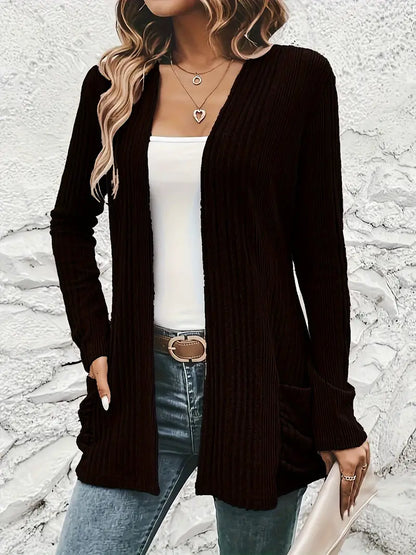 Solid Open Front Rib Knit Cardigan