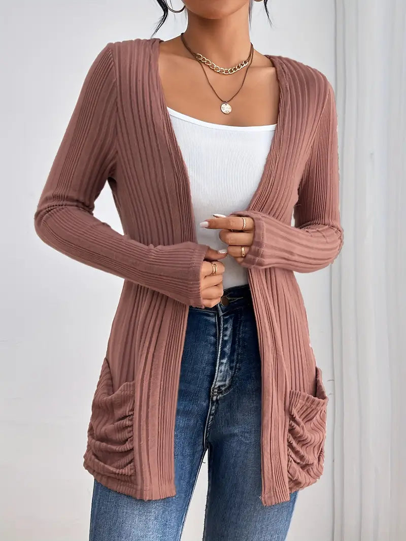 Solid Open Front Rib Knit Cardigan